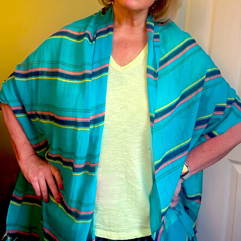 Long fashion striped scarf with fringe - teal, navy, yellow, salmon, green - Picture 8 of 11